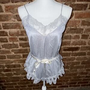 Alana Gale Vintage Gray Lace Ruffle Stretch Satin Teddy Bodysuit Size Small EUC